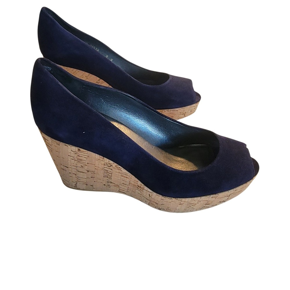 Stuart Weitzman Anna Peep Toe Wedges W sz 9, Navy Blue Suede Cork Platform Pumps